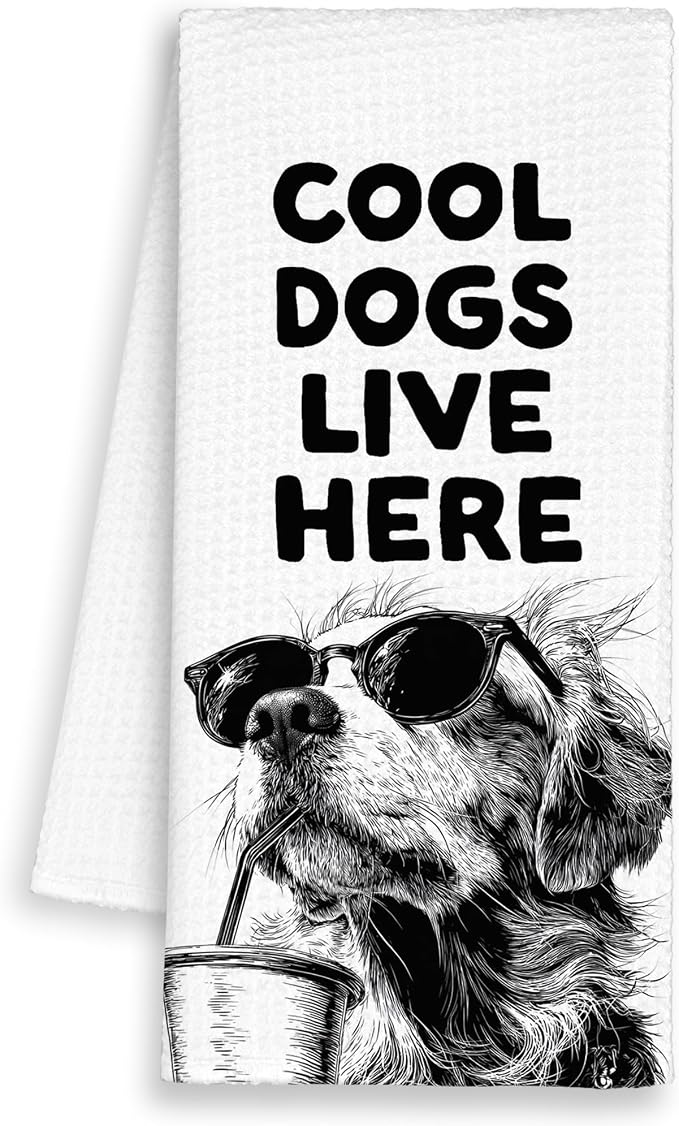 Funny Dog Golden Retriever Kitchen Towels, Cool Dogs Live Here Dish Towel Gifts by Unknown