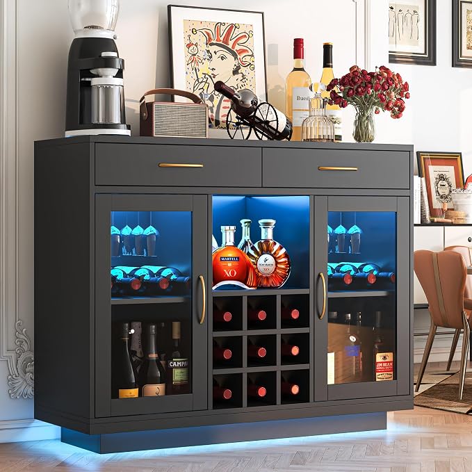 knoworld Wine Bar Cabinet with LED Lights, Coffee Bar Cabinet with Glass Rack by KNOWORLD