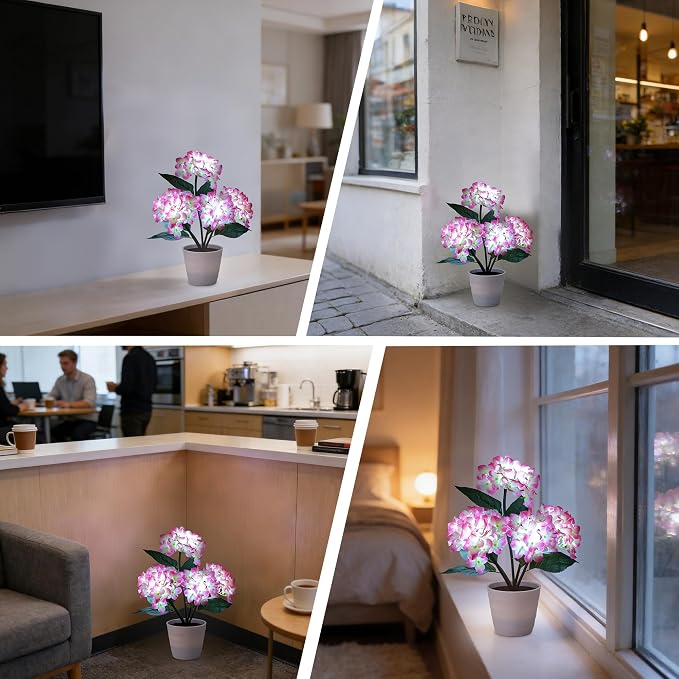 Pink Artificial Hydrangea LED Flower Pot - Image 3