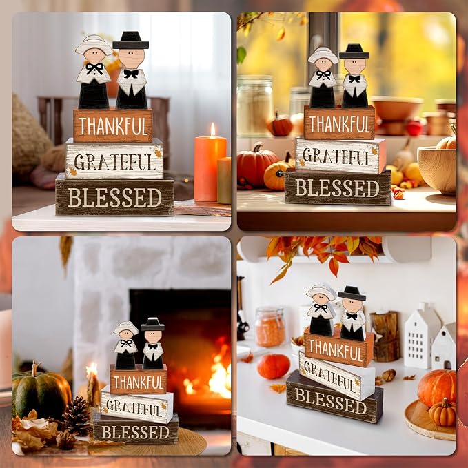 Lineshading 4 Pcs Fall Table Decoration Wooden Pilgrim Couple Decor - Image 4