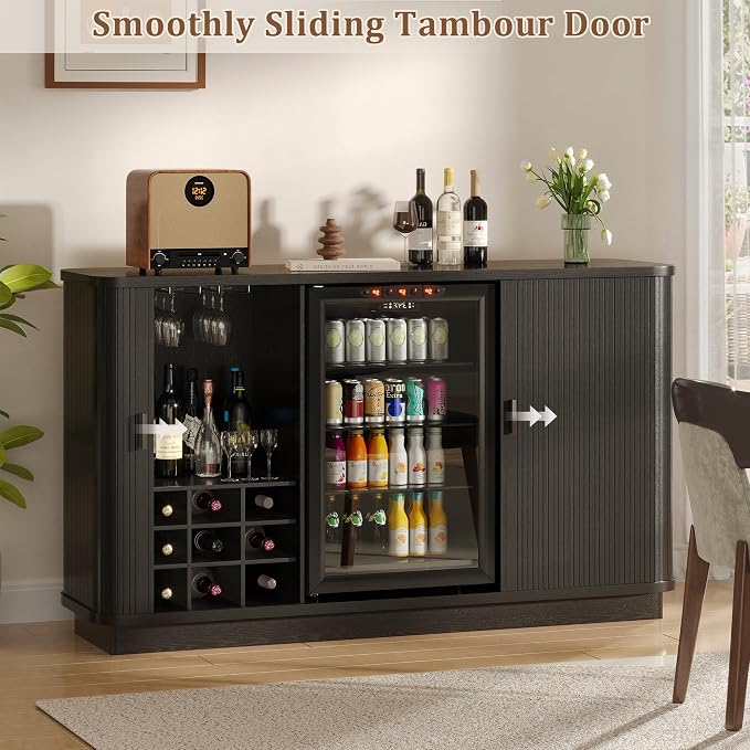 Coffee Bar Cabinet with Fridge Space, Liquor Wine Bar Cabinets with Wine Rack - Image 5