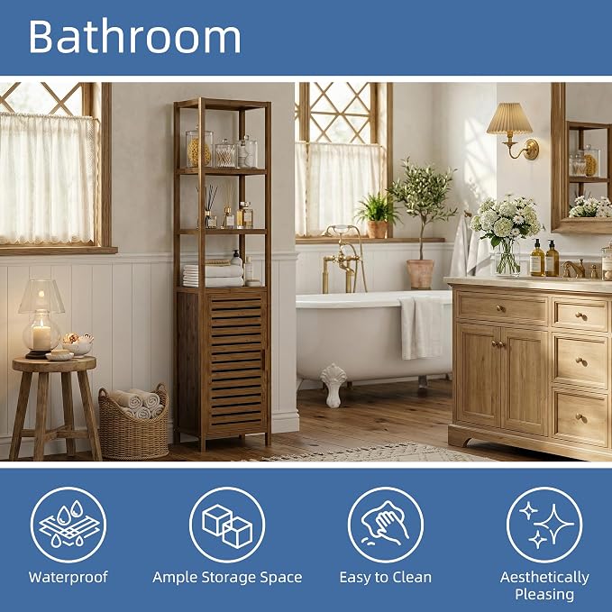 HITNET Bathroom Cabinet, Bamboo Floor Cabinet Freestanding Narrow Storage Unit - Image 5