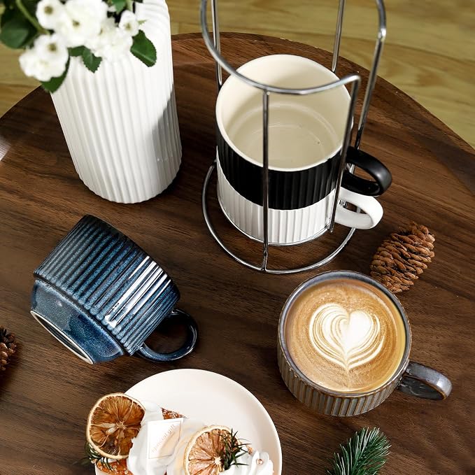Ceramic Coffee Mugs with Stand, 15 Ounce Stackable Coffee Cups Set of 4 - Image 4