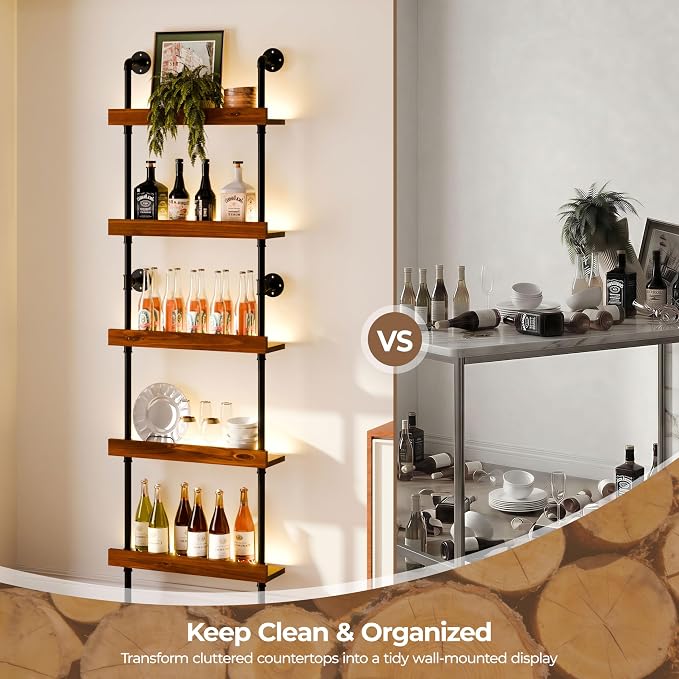 Wall Mounted Wine Rack with LED Light, LED Industrial Pipe Liquor Bar Shelves - Image 7
