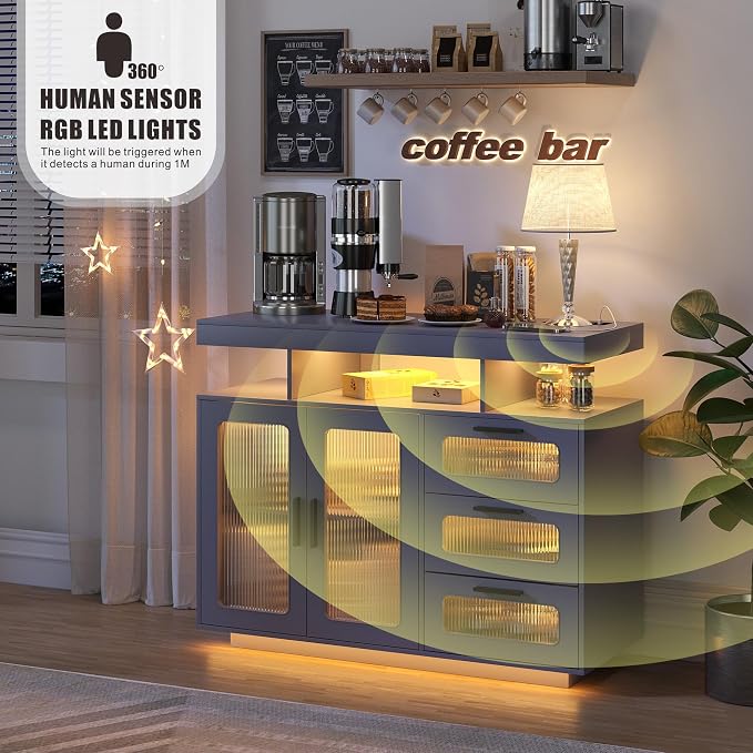 HWB Coffee Bar Cabinet with Storage, Buffet Sideboard with RGB Light, Modern - Image 4