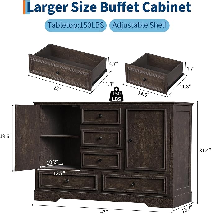 GarveeHome 47" Farmhouse Sideboard Buffet Cabinet, Sideboard Storage credenza - Image 3