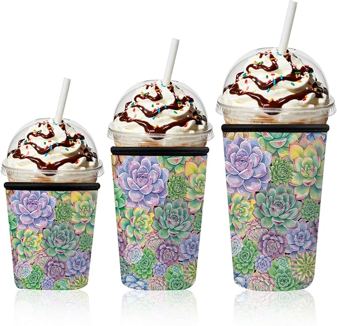 Colorful Succulent Iced Coffee Cup Sleeve 3 Pack, Plant Lover Reusable Neoprene by Unknown