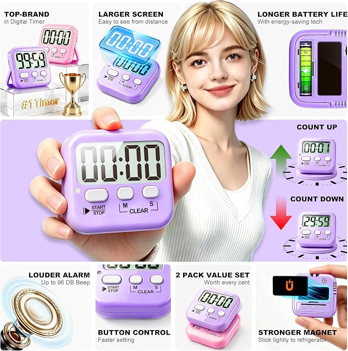 Antonki 2 Pack Digital Timer for Kids, Magnetic Countdown Kitchen Timers for - Image 4