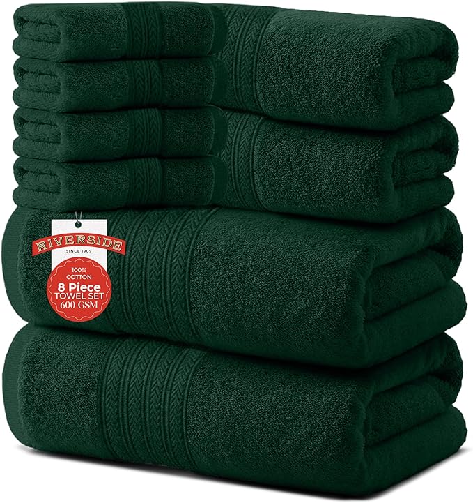 RIVERSIDE Pack of 8 Towels Set, 2 Large Bath, 2 Hand, 4 Face Washcloths by RIVERSIDE