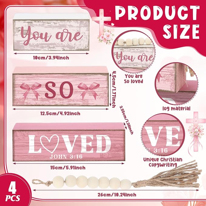 Yuntau 4 Pcs Pink Bow Decor Christian Table Decor Wooden Block Signs You Are So - Image 3