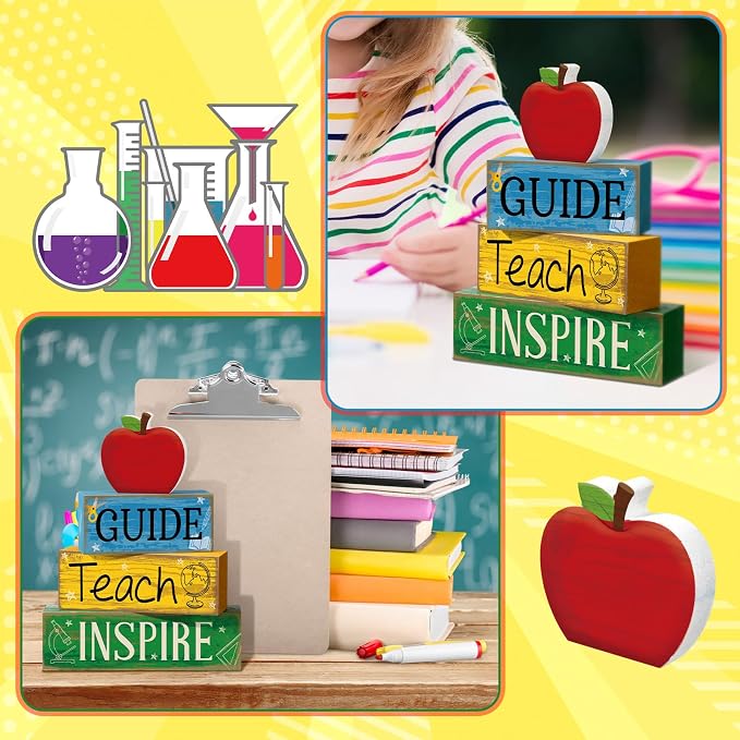 Yuntau 4 Pcs Teacher Appreciation Gift Wooden Apple Table Decoration Guide - Image 4