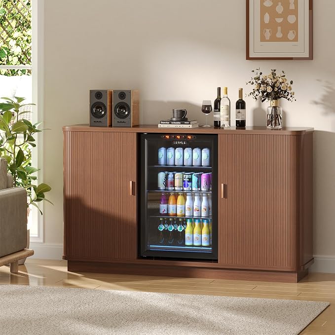 Coffee Bar Cabinet with Fridge Space, Liquor Wine Bar Cabinets with Wine Rack - Image 9
