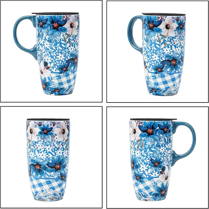 Topadorn Blue Floral Ceramic Travel Mug - Image 9