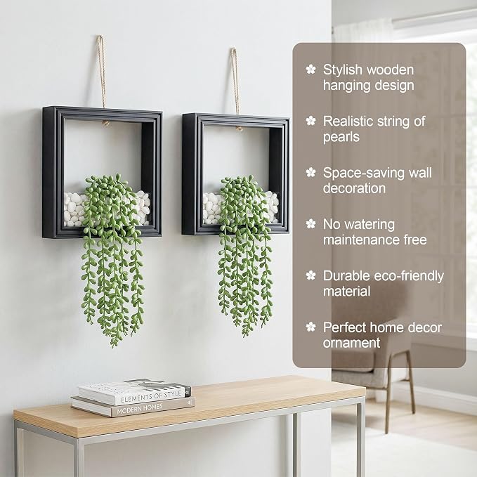 2 Pack Fake Plants Hanging, Artificial Succulents Plants in Square Wooden Frame - Image 2