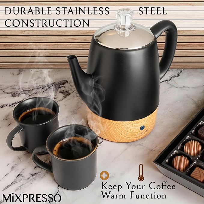Mixpresso Black Small Electric Percolator Coffee Pot 4 Cup Stainless Steel - Image 4