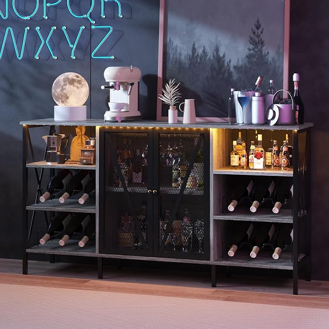 55" Wine Bar Cabinet with LED Light, Wine Rack & Glass Holder, Mesh Doors & - Image 6