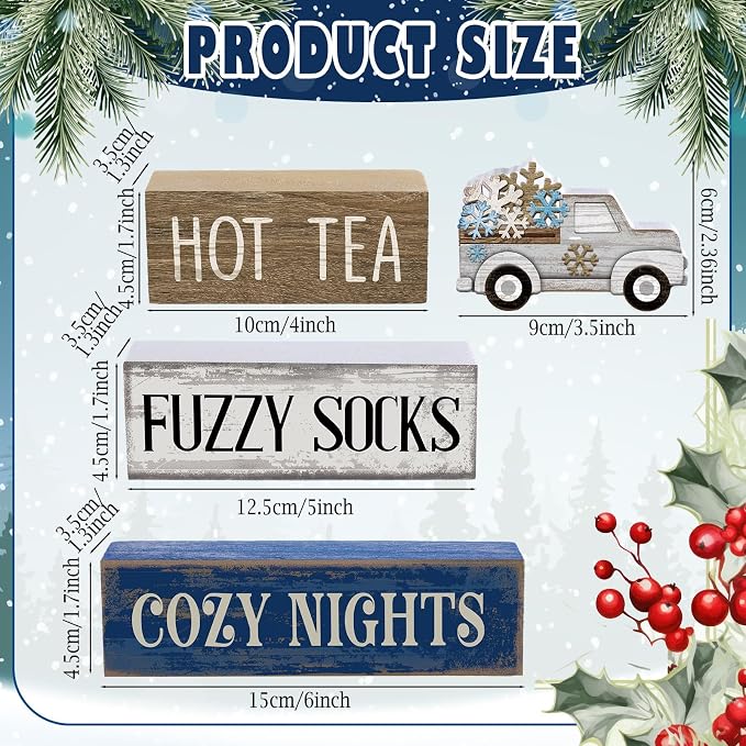 Lineshading 4 Pcs Winter Table Decorations Wooden Snowflake Truck Winter Tiered - Image 3