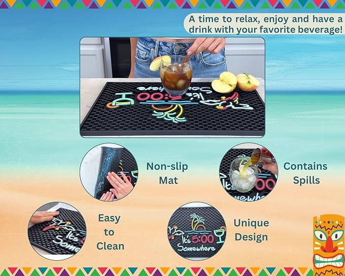 It's 5:00 Somewhere Silicone Tiki Bar Sign Mat 18x12 in, Poolside Bar - Image 4