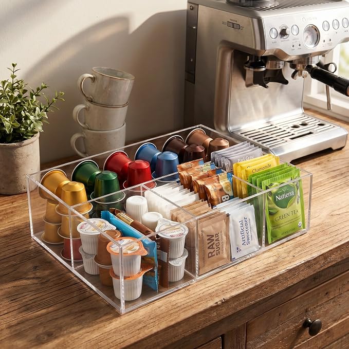 Acrylic Coffee Bar Station, Countertop Snack Tea Organizer & Condiment Tray | - Image 2