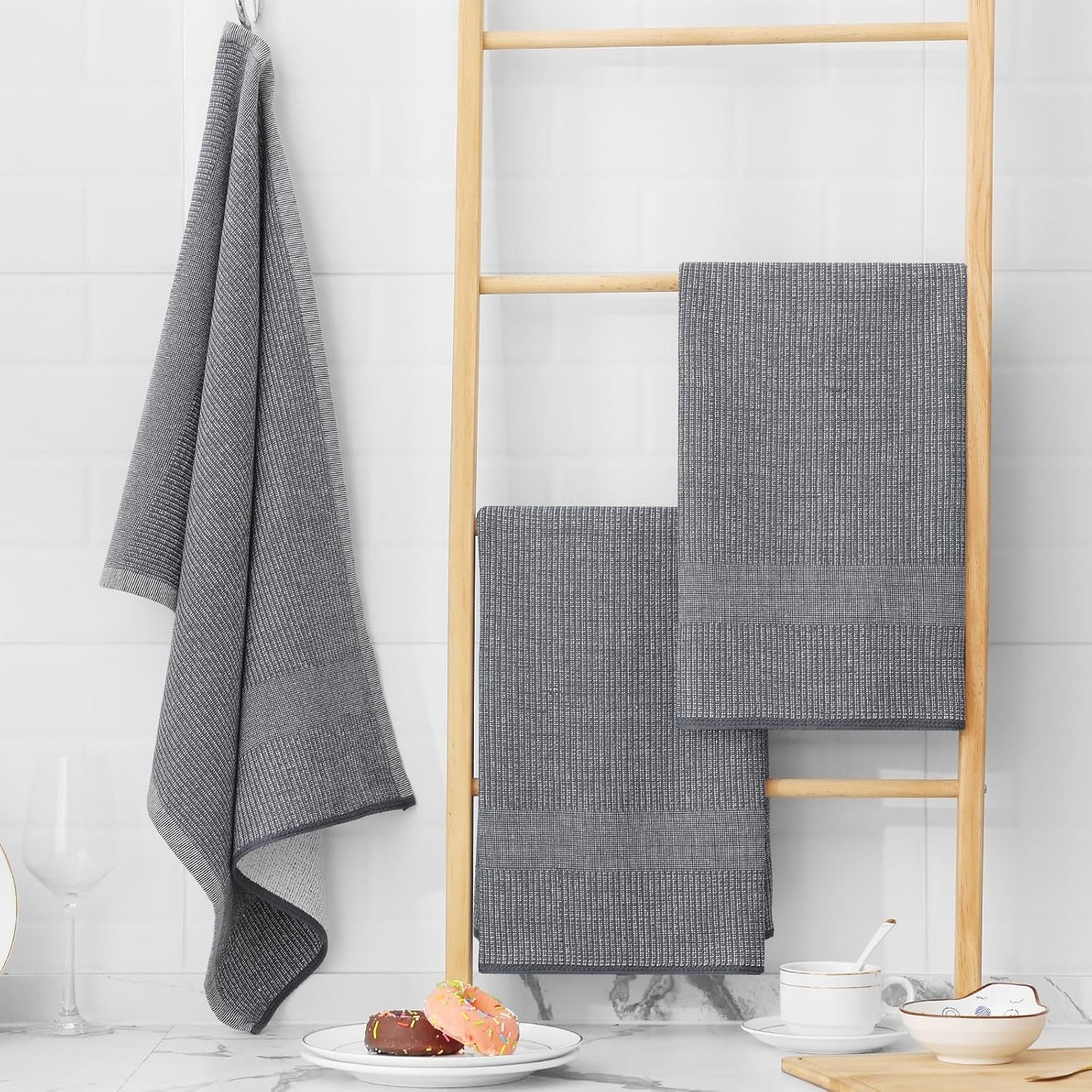 Homaxy Premium Kitchen Towels(18”x 28”, 12 Pack), Large Cotton Kitchen Hand Towels, Flat and Terry Dish Towels, 380 GSM Highly Absorbent Tea Towel Set with Hanging Loop, Grey