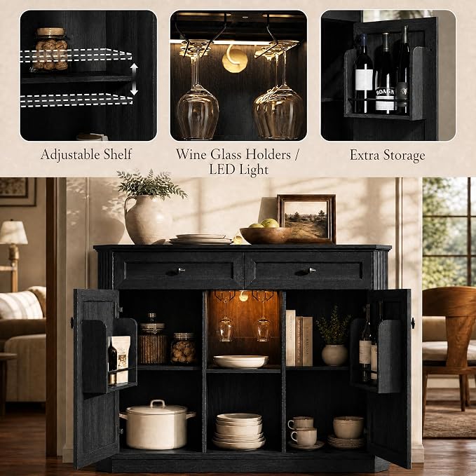 Black Coffee Bar with 2 Drawers & 2 Doors, LED Wine Bar Cabinet with Wine - Image 5