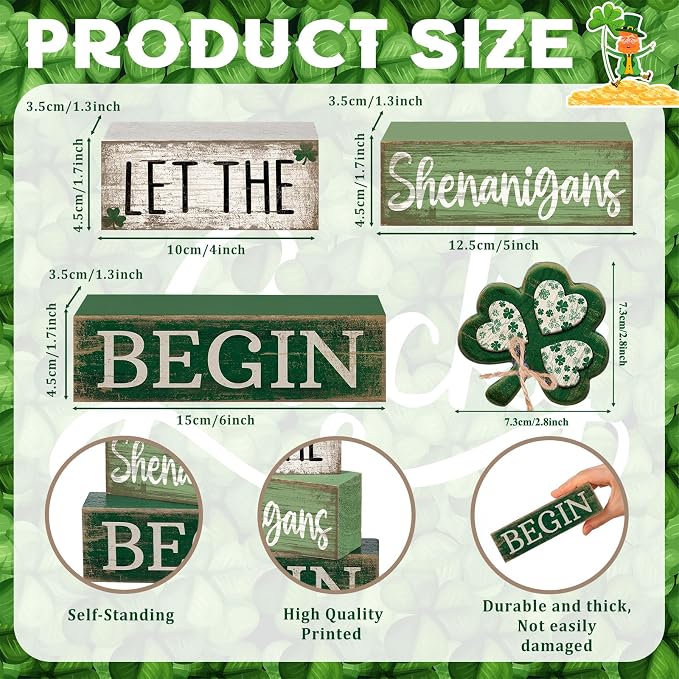 Lineshading 4 Pcs St Patricks Day Table Decor Wooden Shamrocks St Patrick's Day - Image 3