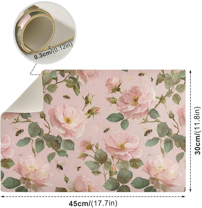 Cute Pink Rose and Bees Coffee Mat Coffee Bar Maker Backed Absorbent Nonslip - Image 3