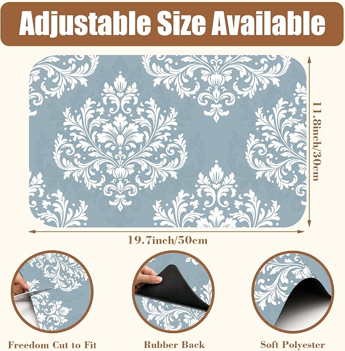 Dish Drying Mat Blue Damask Floral Coffee Bar Mat - Image 2