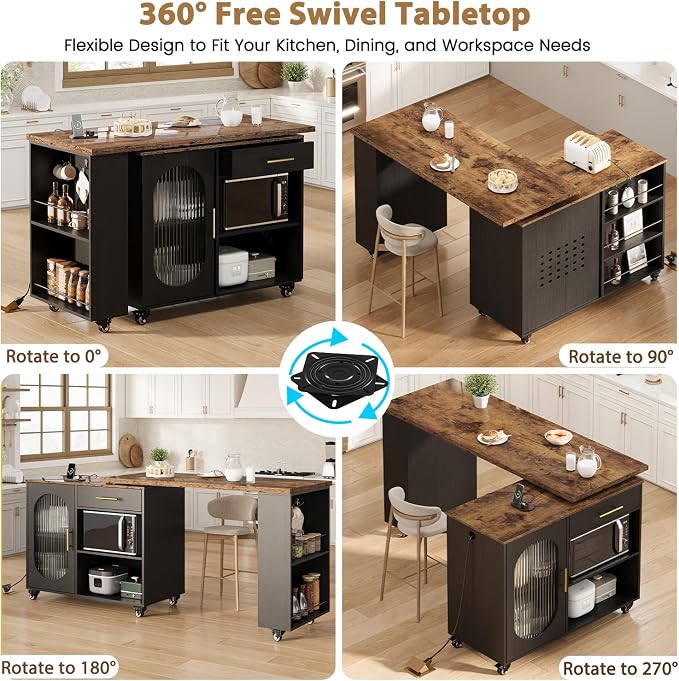 HSH Kitchen Island with Storage & Power Outlet, Rolling Kitchen Island Cart - Image 3