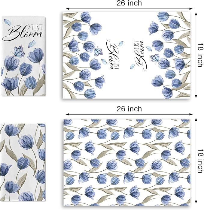Spring Blue Tulip Flower Kitchen Dish Towels Set of 2, Just Bloom Floral - Image 2