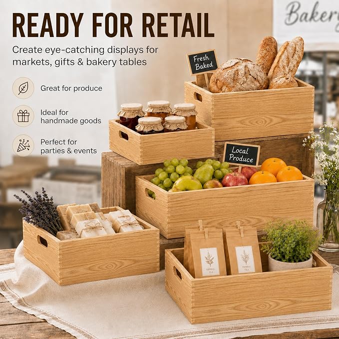 Wooden Crates for Display 5 Pack Rustic Nesting Wooden Basket - Image 7