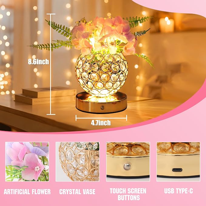 Pink Artificial Hydrangea Flower Lamp, 3 Color Dimmable Touch Control Night - Image 6