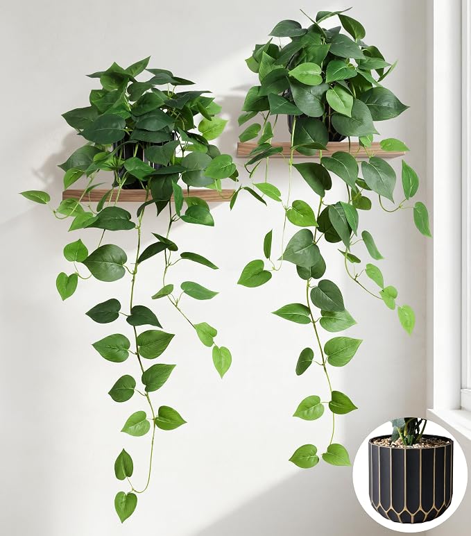 Fake Plants 2 Pcs Faux Pothos Plants Potted Indoor Artificial Hanging Plants by FancyPlus