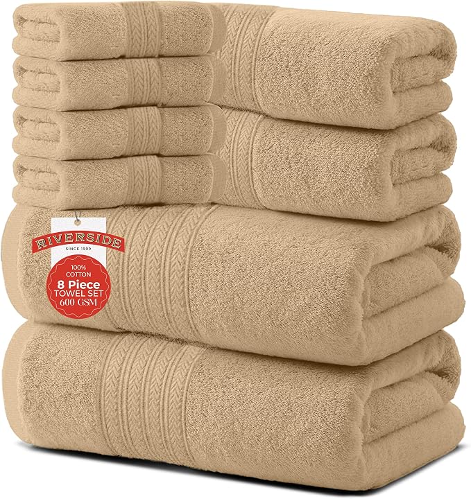 RIVERSIDE Pack of 8 Towels Set, 2 Large Bath, 2 Hand, 4 Face Washcloths by RIVERSIDE