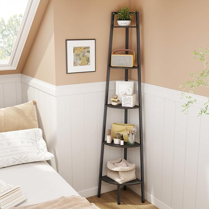 Hoctieon Corner Shelf, 5-Tier Corner Bookshelf, Rustic Ladder Shelf, Industrial - Image 7