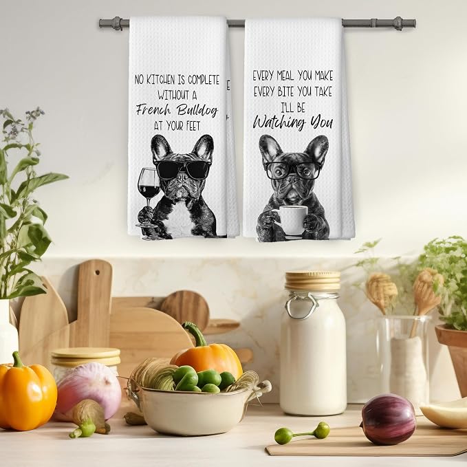 Funny French Bulldog Kitchen Towels Set of 2, Dog Kitchen Accessories, Coffee - Image 4