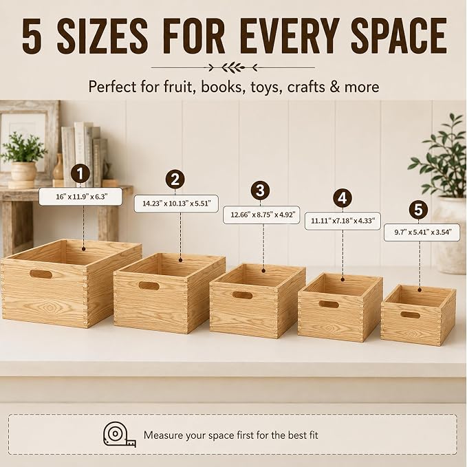 Wooden Crates for Display 5 Pack Rustic Nesting Wooden Basket - Image 2