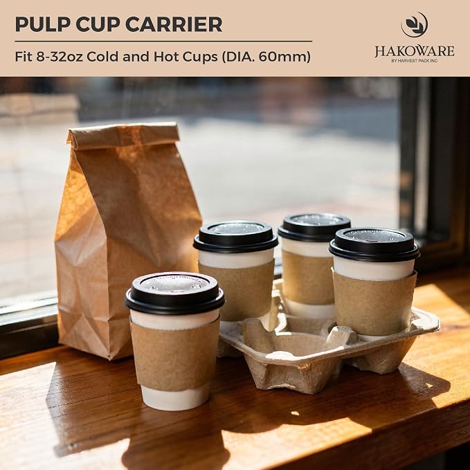 HAKOWARE 8-32oz Pulp Fiber 4 Cup Disposable Drink Carrier Trays, Compostable - Image 5