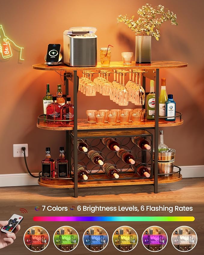 VASAGLE Bar Cabinet with LED Lights and Power Outlets, Freestanding Coffee Bar - Image 5