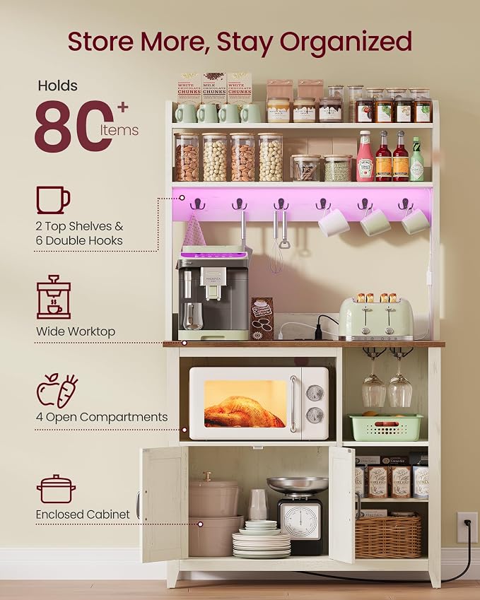 VASAGLE Baker's Rack with LED Lights and Power Outlet, Farmhouse Coffee Bar - Image 4