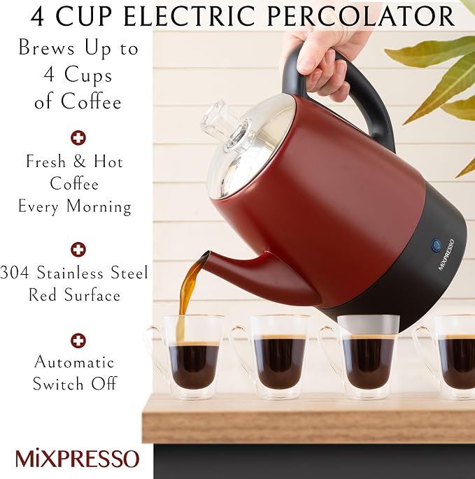 Mixpresso Red Small Electric Percolator Coffee Pot 4 Cup Stainless Steel - Image 4