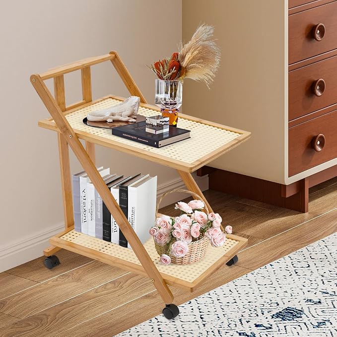 2-Tier Foldable Rolling Coffee Bar Cart Home Utility Cart Storage Organizer - Image 2