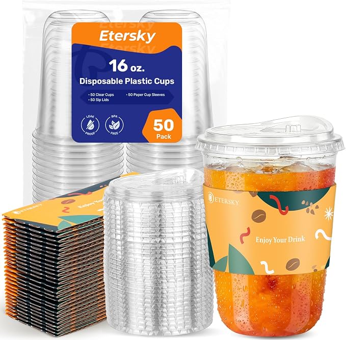50 Pack 16 oz Clear Plastic Cups by Etersky