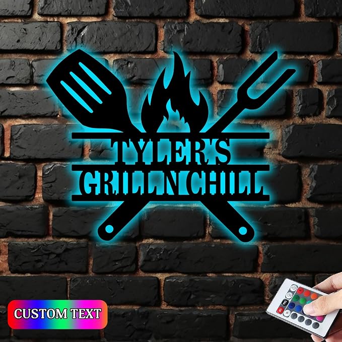 Custom Grill N Chill Metal Wall Art, Personalized Bbq Name Sign Decoration - Image 2