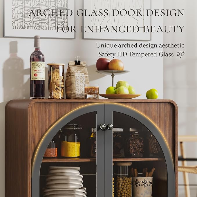 Storage Cabinet with Arched Glass Doors and Adjustable Shelves, Buffet - Image 5