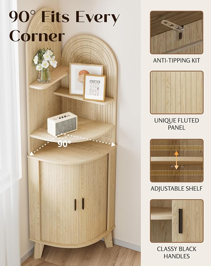 Small Corner Cabinet with Sliding Door and Storage, Tall Corner Bathroom Cabinet - Image 3