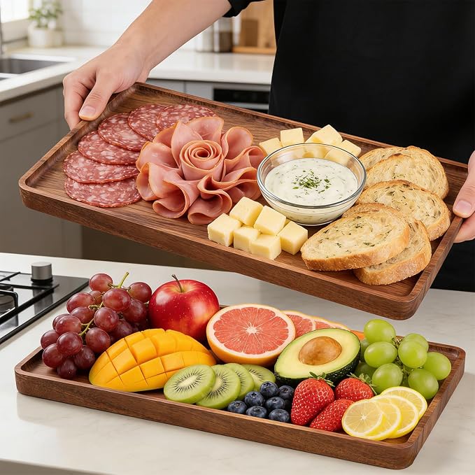 VERTORGAN 2 Pack Acacia Wood Serving Tray, 15.8x9.8 Inch Decorative Trays - Image 4