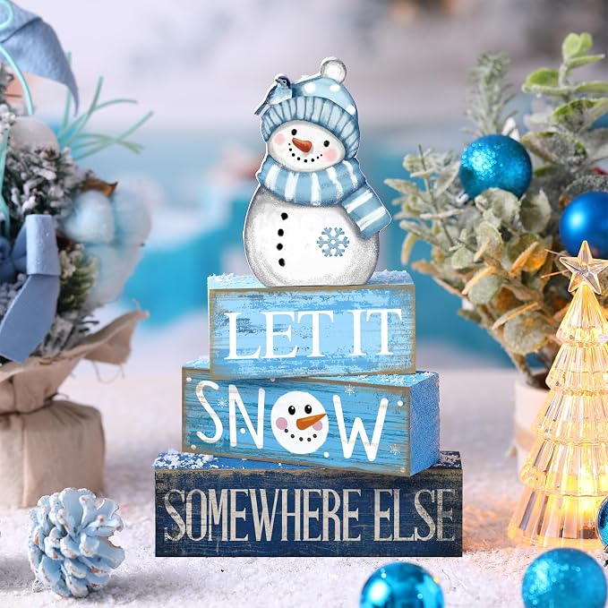 Lineshading 4 Pcs Snowman Christmas Table Decorations Blue and White Wooden - Image 2