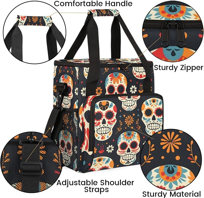 Sugar Skull Floral Coffee Maker Carring Bag, Large Insulated Storage Organizer - Image 6