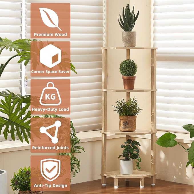 YUFAM 4-Tier Corner Shelf with Sturdy 5-Leg Base, Wooden Corner Bookshelf - Image 6